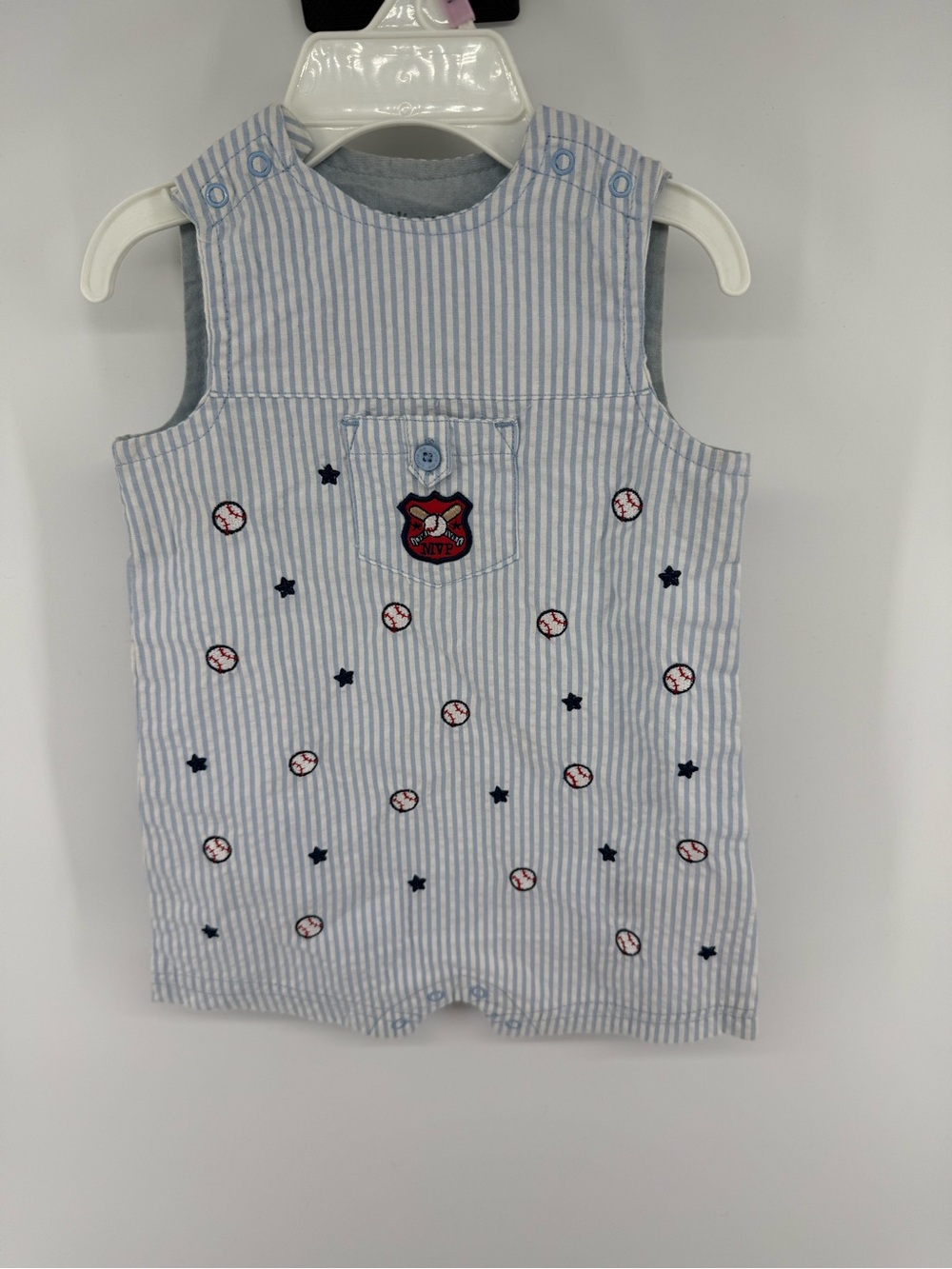 Striped Baby Romper with Baseball & Star Embroidery - Light Blue